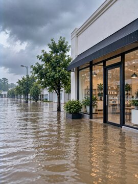 flooded storefront on an urban street after heavy rain with water at the entrance under an overcast sky