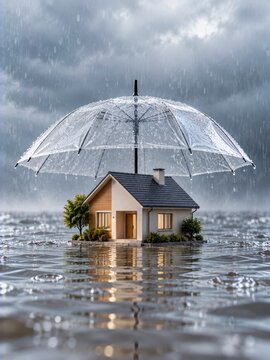 Photorealistic miniature house sheltered under a transparent umbrella in floodwater centered still life with soft studio lighting