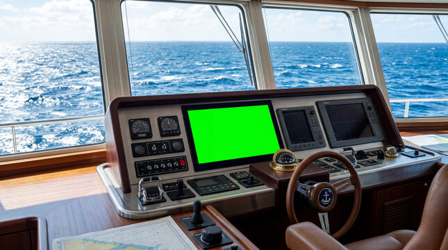 Maritime Navigation Ship Bridge Console Green Screen Monitor Steering Wheel