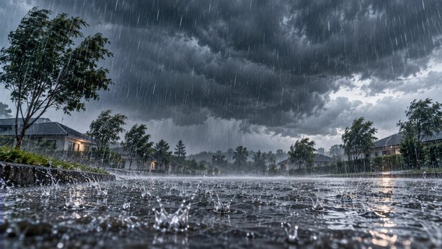 intense rainfall over suburban street with flooding and dark storm clouds