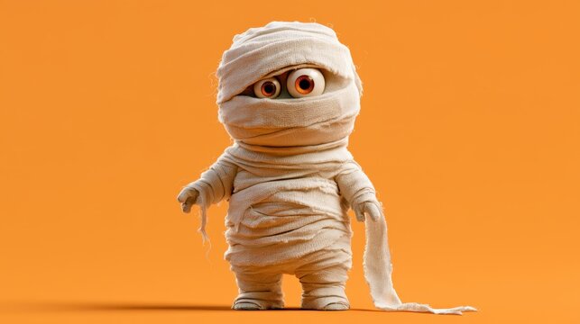 Cute little character wrapped in white bandage costume with big eyes standing on orange background for Halloween concept