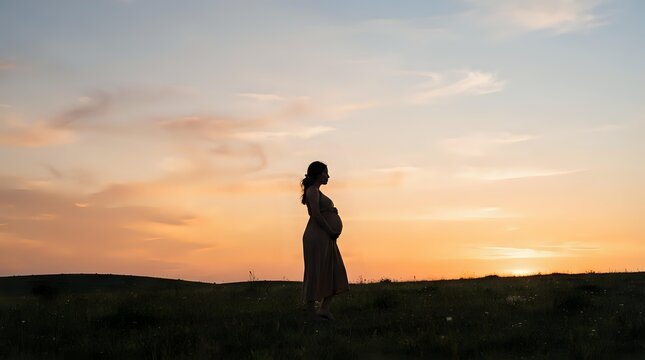 Pregnant woman standing in silhouette against golden sunset sky over rolling hills, maternity and expectancy