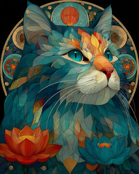 Colorful cat mandala art