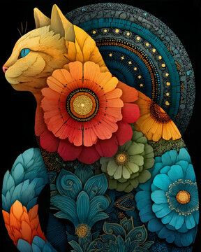 Colorful cat mandala art