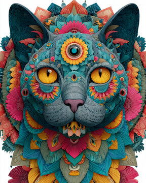 Colorful cat mandala art