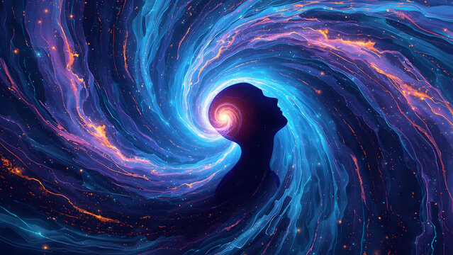 Cosmic Mind Vortex: Silhouette of Head in Swirling Nebula with Glowing Energy