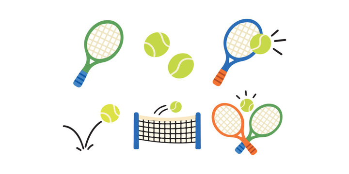 Tennis sports equipment set with rackets, balls and net
