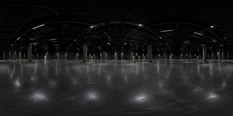 Obraz premium Empty dark exhibition hall 360 degree equirectangular panorama with polished concrete floor, columns and ceiling lights, spherical environment map for 3D rendering