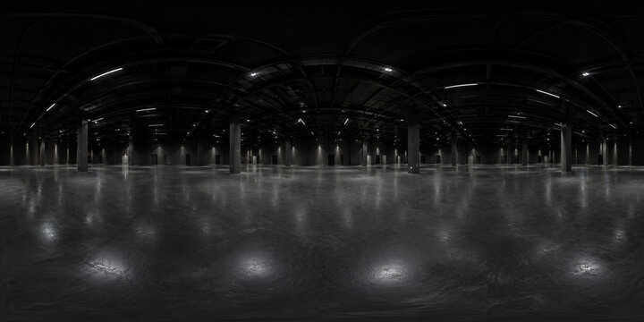 Empty dark exhibition hall 360 degree equirectangular panorama with polished concrete floor, columns and ceiling lights, spherical environment map for 3D rendering