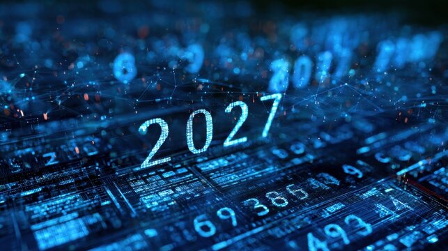 Futuristic digital technology background with glowing 2027 year and abstract data visualization in blue illuminated cyberspace environment