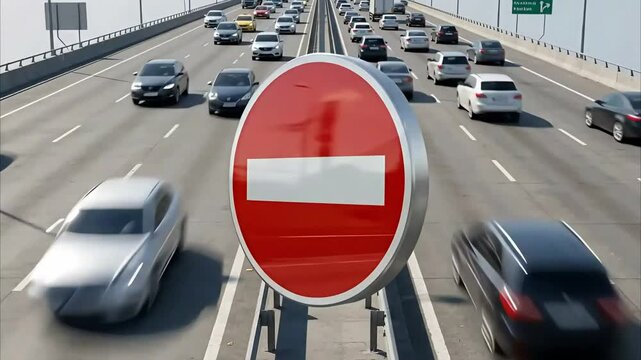 Traffic driving on a busy highway bridge with a prominent red no entry road sign in the center