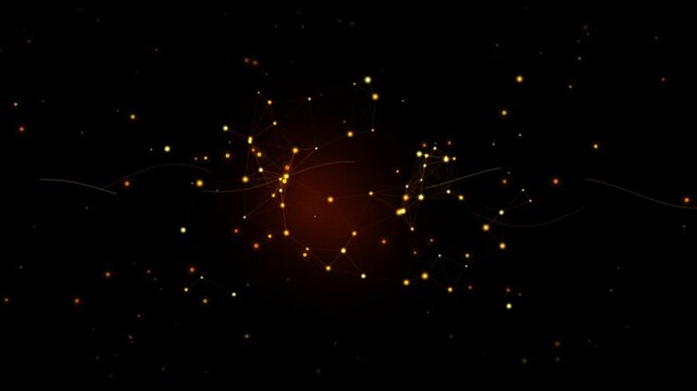 Abstract amber kinetic plexus with glowing contour lines and subtle particles on a dark background