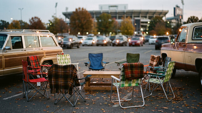 Mismatched folding camp chairs and blankets around a table at a tailgate party