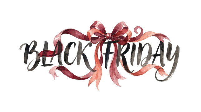 Black Friday Sale: The words Black Friday are artfully arranged with a flowing ribbon and bow, symbolizing a special offer or event.