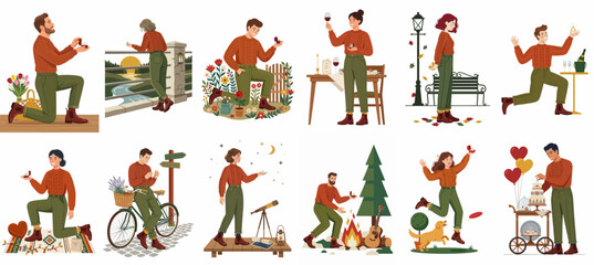 Fototapeta premium Collection of romantic vector illustrations featuring a couple in various life moments, including marriage proposals, outdoor dates, and celebrations.