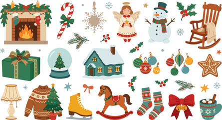 Fototapeta premium Set of cute watercolor christmas elements for holiday decoration and festive winter season greeting cards