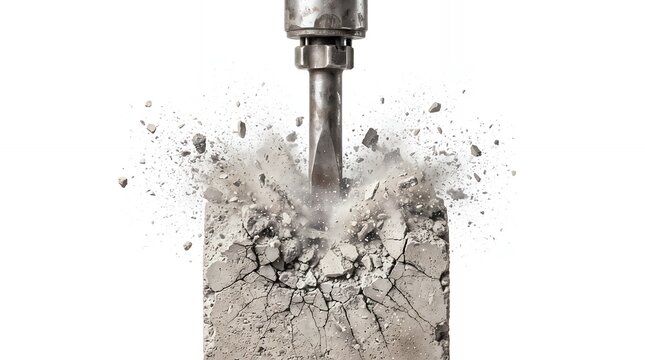 Demolition with a jackhammer smashing concrete, creating dust and flying fragments, isolated on white background