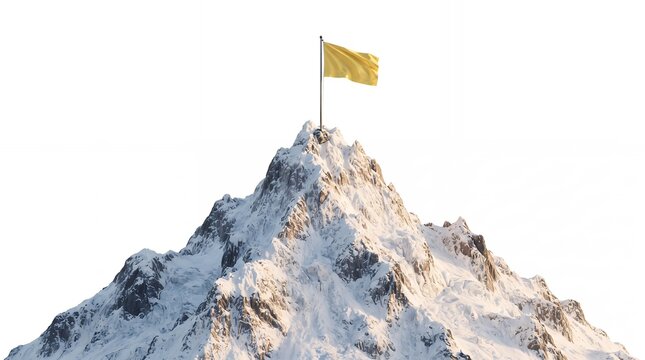 Yellow flag waving proudly on the summit of a majestic snowcapped mountain peak, symbolizing achievement, success, and reaching goals, isolated on white background