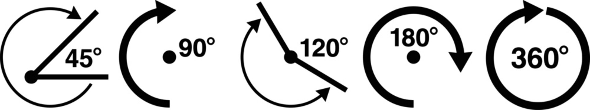 Set of rotation angles icons showing 45, 90, 120, 180 and 360 degrees rotation symbols vector illustration