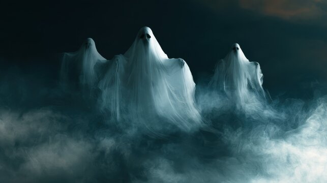 Mysterious three ghost figures floating above foggy ground in dark atmospheric setting with eerie blue lighting