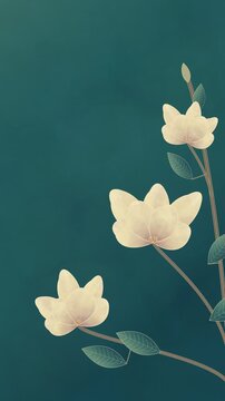 Cream magnolia flowers gently swaying on teal batik fabric with wax outlines and cracks, vertical botanical background with copy space, seamless loop