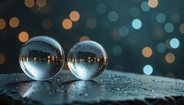 Two crystal glass spheres resting on reflective wet slate with bokeh lights.