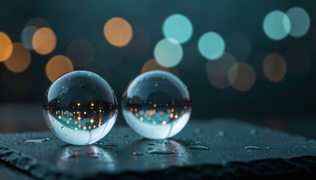 Two crystal glass spheres reflecting evening city lights on dark textured surface with beautiful bokeh.