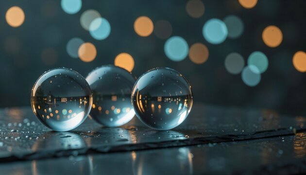 Three crystal glass spheres with water drops on dark stone surface with blurred bokeh background light.