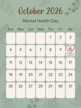 October 2026 Mental Health Day Calendar with Heart Mark and Botanical Sage Green Background