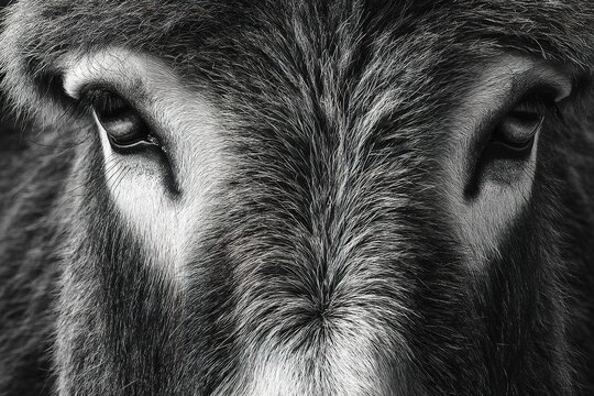 artistic black and white portrait of donkey face with detailed fur texture