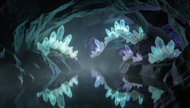 Magical glowing crystal clusters illuminating a dark underground cave and water reflection.