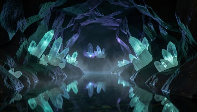 Mystical glowing blue crystal formations inside a dark subterranean cavern and river.