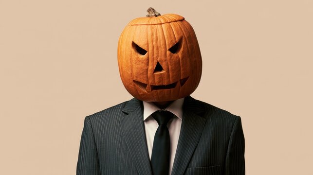Man in business suit wearing Halloween pumpkin carved face mask with spooky expression isolated on beige background