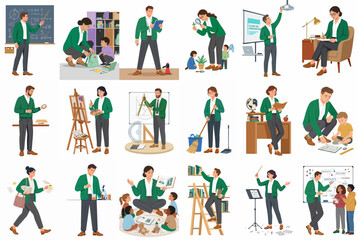 Fototapeta premium A Comprehensive Collection of Flat Vector Illustrations Featuring Diverse Teachers and Educators Engaged in Various Professional and Classroom Activities
