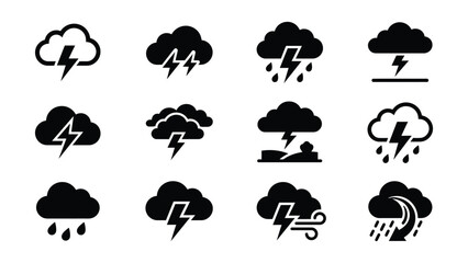 Obraz premium Set of weather icons showing different storm cloud and lightning variations