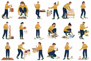 Fototapeta premium Flat illustration set of people in yellow sweaters engaged in various indoor hobbies, crafts, and puzzles on a white background.