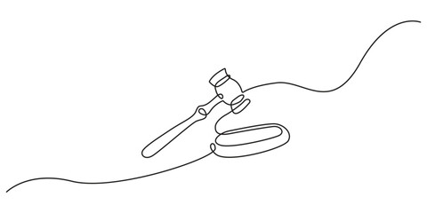 Obraz premium Gavel vector line art with legal justice and court concept. Minimalist continuous line drawing of a judge gavel for legal and court branding.