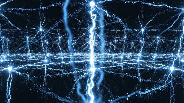 Neural network synapse connections glowing in dark space brain connection electric science biology