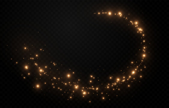 Golden glowing magic dust on a transparent background. Flying light particles PNG. Glowing dust PNG.