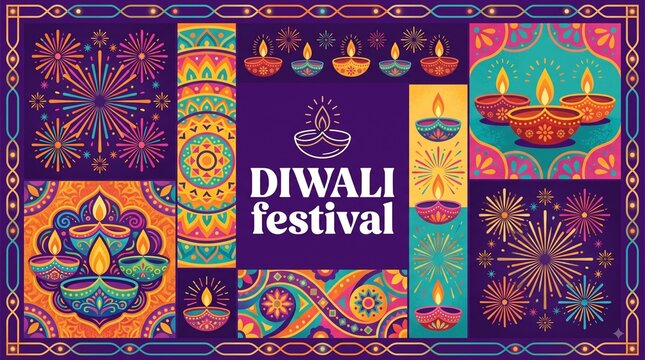 Vibrant, colorful illustration celebrating the Diwali festival. The layout is a grid of rectangular and square sections, each featuring different festive elements. The central section contains a purpl