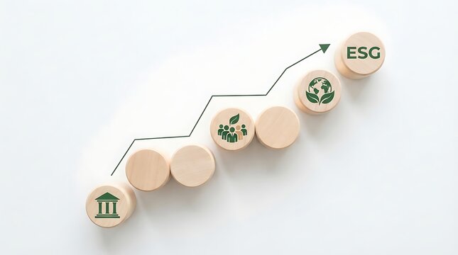 ESG Growth: Wooden blocks stacked in a staircase formation represent a rising trend in Environmental, Social, and Governance factors, depicted by an upward arrow and relevant icons.