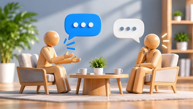 Two 3D wooden mannequins sitting in armchairs having a one-on-one business conversation with speech bubbles in a modern office