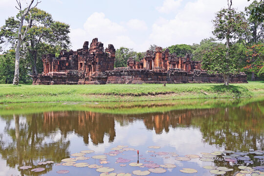 Beautiful view of Peuai Noi Khmer Sanctuary with water reflection in Khon Kaen, Northeast Thailand