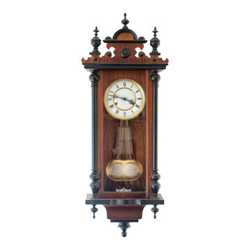 Classic wooden wall clock with pendulum on white background