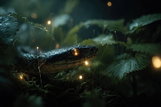 mystical snake with glowing eyes in dark enchanted forest