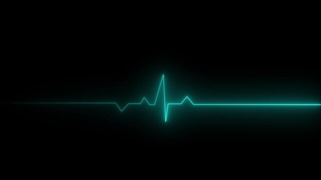 Neon cyan heartbeat ekg monitor line pulsing on black background, medical heart rate pulse rhythm animation