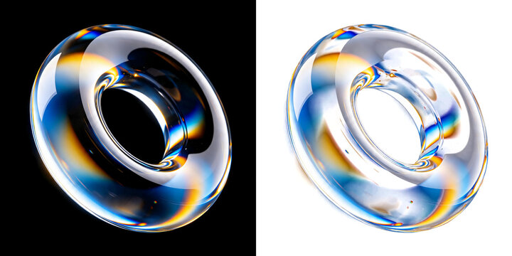 Png of abstract 3d render of a glossy glass torus shape with iridescent light reflections, featuring a clean aesthetic with both dark and light background variations isolated on transparent background