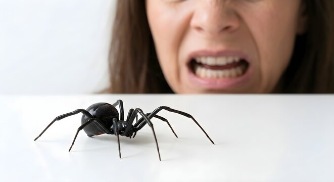 Terrified Woman Screaming in Fear of Black Widow Spider on White Surface, Concept of Arachnophobia and Pest Infestation