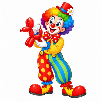 Colorful clown character holding a red balloon animal, representing circus entertainment and party fun, isolated with copy space.