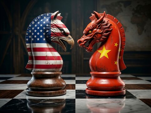 USA and China Geopolitical Strategy. US China relations, trade disputes, supply chain competition, diplomatic tensions, technological rivalry, international negotiations, and the balance of power